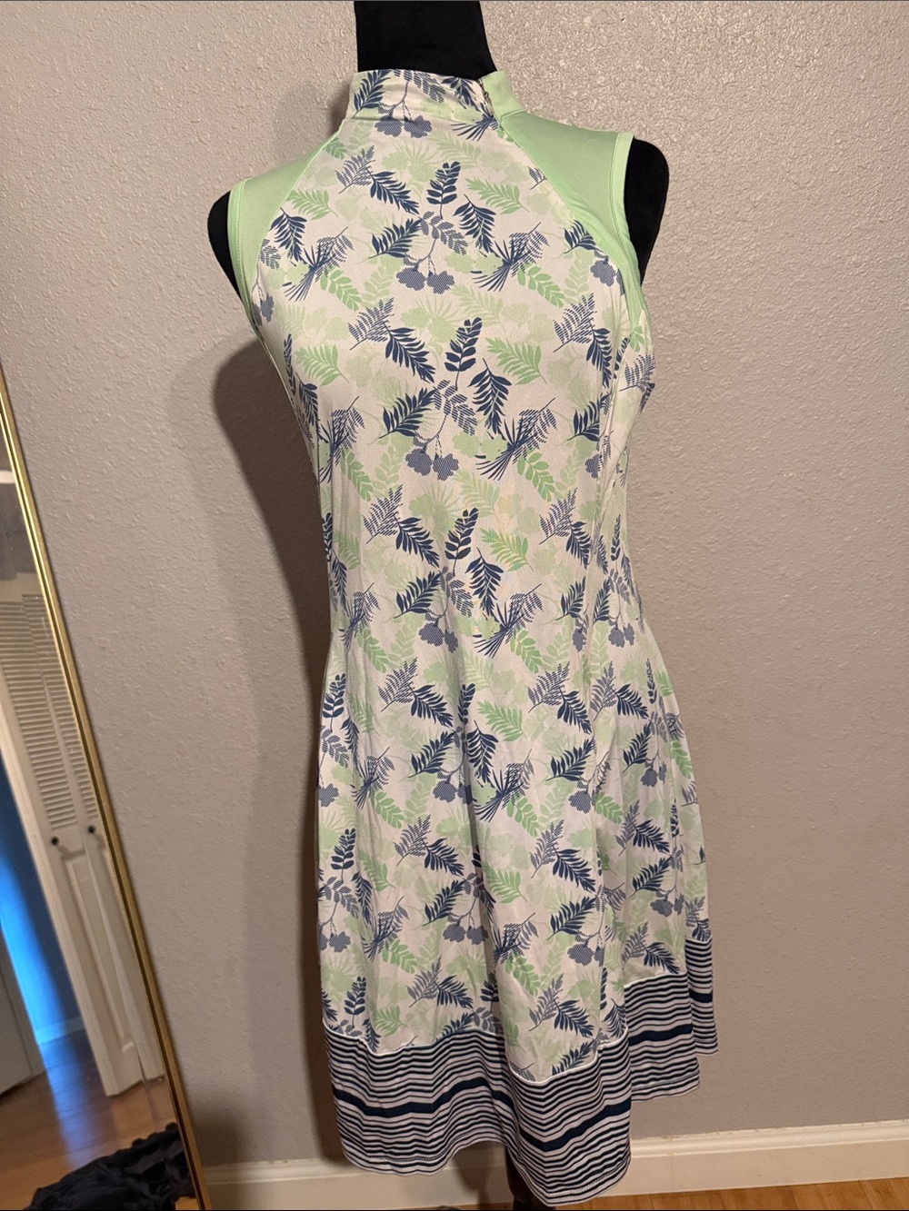 Sleeveless Mock-Halter Midi Dress in Light Green & Navy Leaf Print
